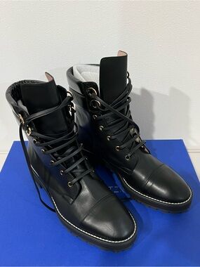 Stuart Weitzman Lexy Black Leather Lace-Up Combat Boots with Gold Eyelets